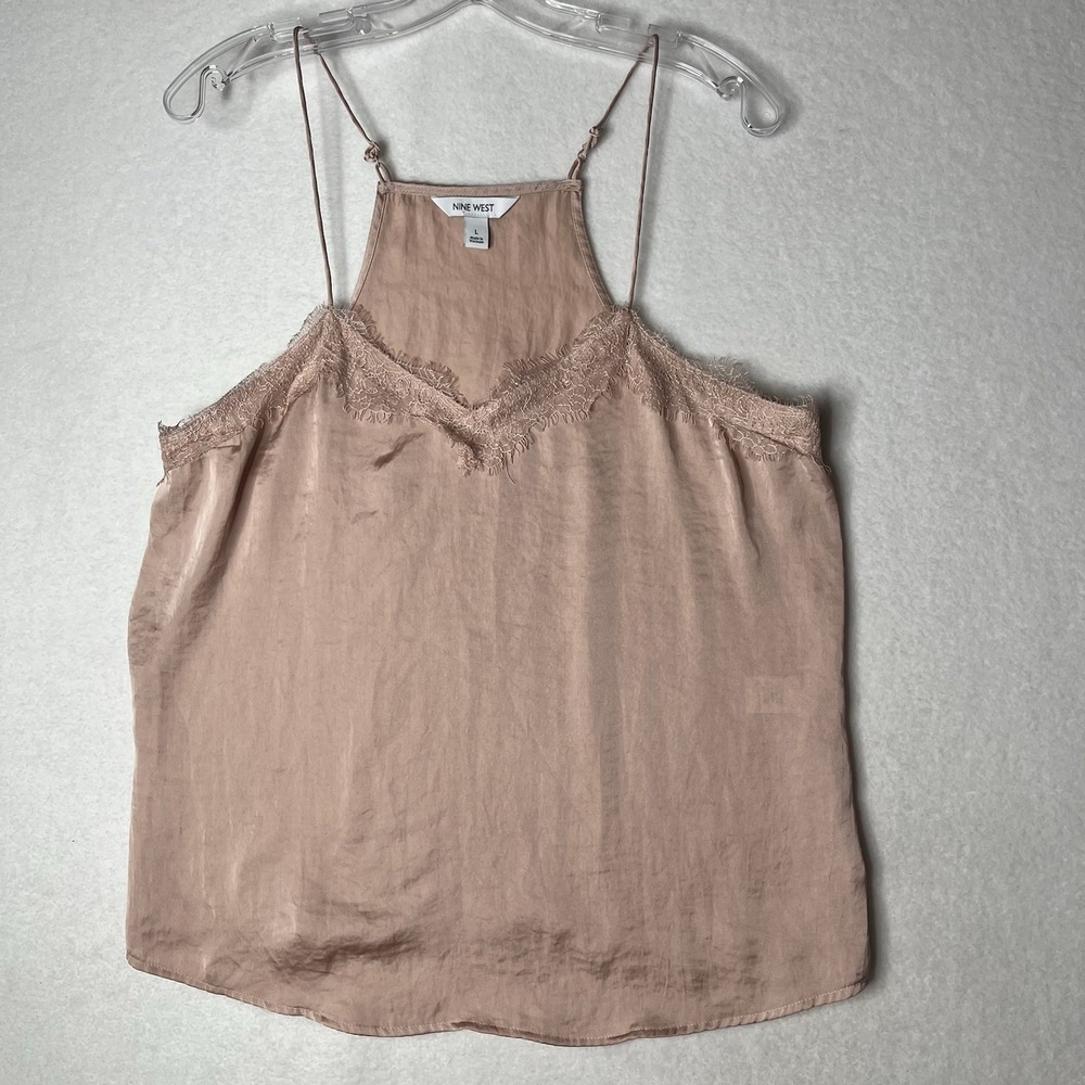 Nine West Womens L Tank Top Camisole Shirt Pink Satin Vneck Lace Coquette Y2K